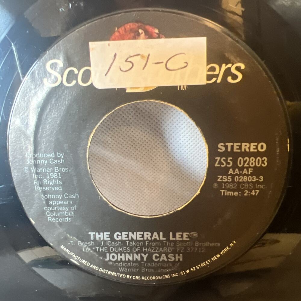JOHNNY CASH THE GENERAL LEE ultrasonic clean 7” VINYL 1982 DUKES OF HAZZARD VG+!